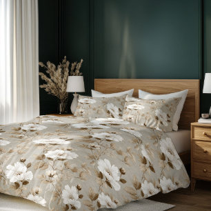 White flowers earthy tones minimalist modern duvet cover