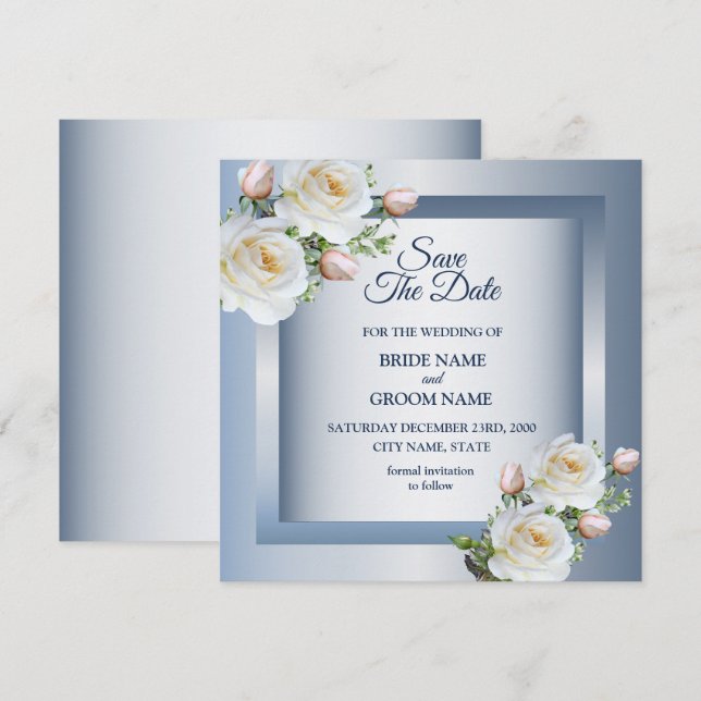 White Flowers Elegant Blue Gray Save The Date (Front/Back)
