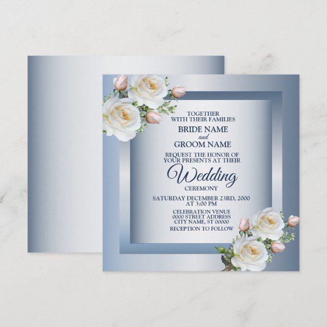 White Flowers Elegant Blue Gray Wedding Invitation (Front/Back)