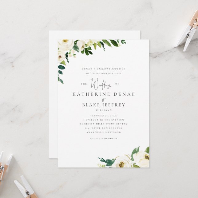 White Flowers Elegant Formal Bride Parents Invitation (Front/Back In Situ)