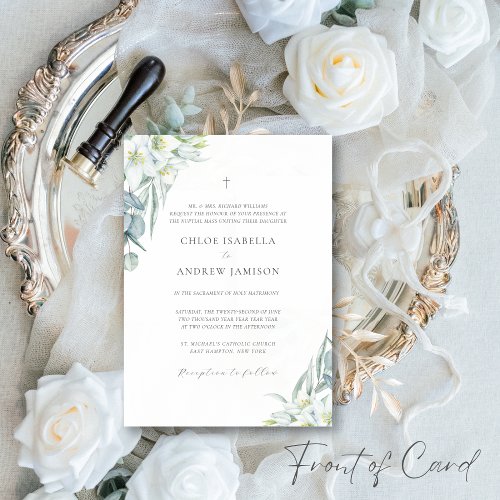 White Flowers  Elegant Greenery Catholic Wedding Invitation