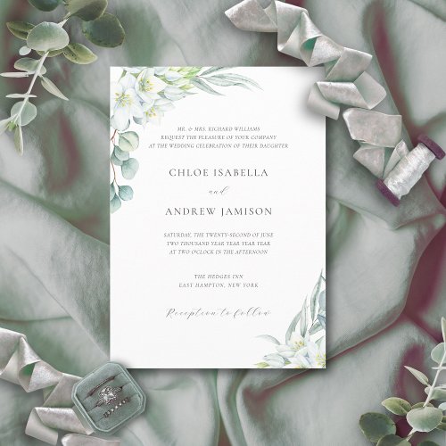 White Flowers  Elegant Greenery Wedding with RSVP Invitation