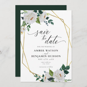 White Flowers Emerald Gold Floral Save The Date Invitation