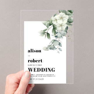 White flowers, eucalyptus and frame wedding acrylic invitations
