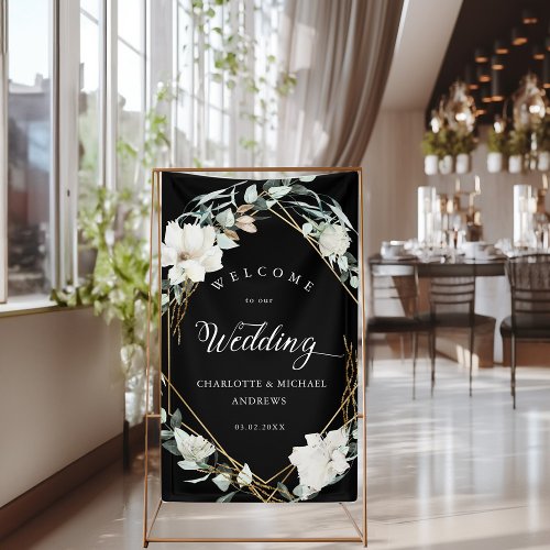 White Flowers Eucalyptus Gold Geometric Wedding  Banner