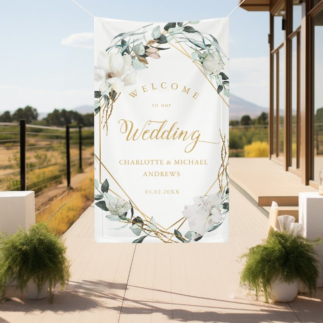 White Flowers Eucalyptus Gold Geometric Wedding  Banner (White Flowers Eucalyptus Gold Geometric Wedding Banner with your name & Date.)