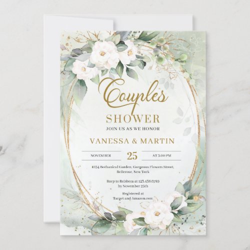 White flowers eucalyptus gold oval couples shower  invitation