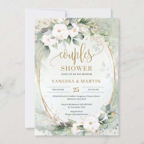 White flowers eucalyptus gold oval couples shower invitation