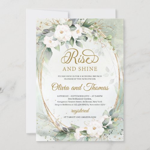 White flowers eucalyptus gold oval rise and shine invitation