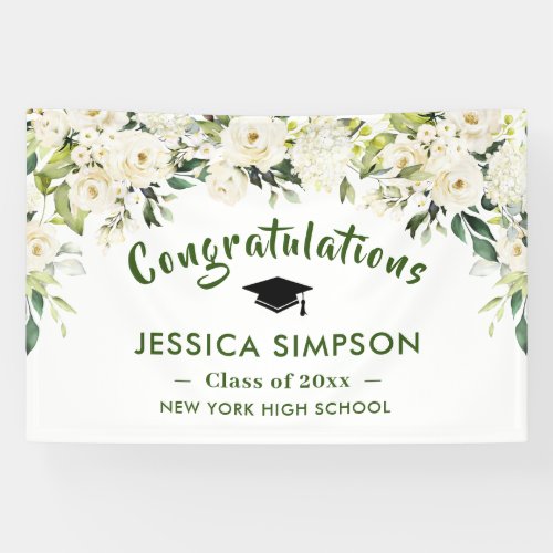 White Flowers Eucalyptus Graduation  Banner