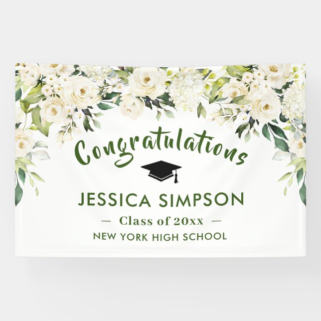 White Flowers Eucalyptus Graduation  Banner (Horizontal)
