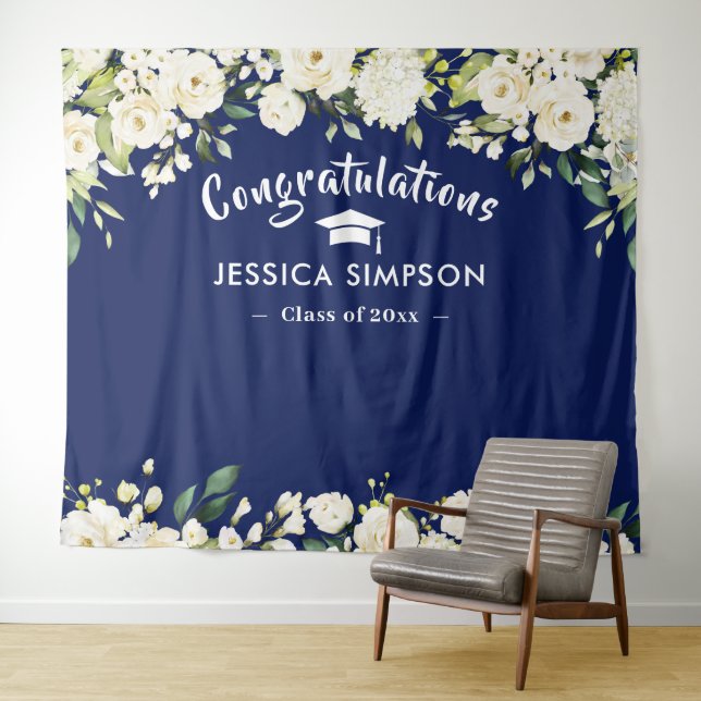White Flowers Eucalyptus Graduation Photo Backdrop (In Situ (Horizontal))