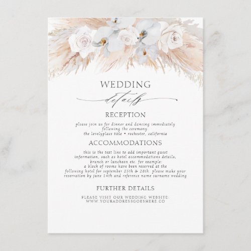 White Flowers Exotic Pampas Grass Wedding Details Enclosure Card