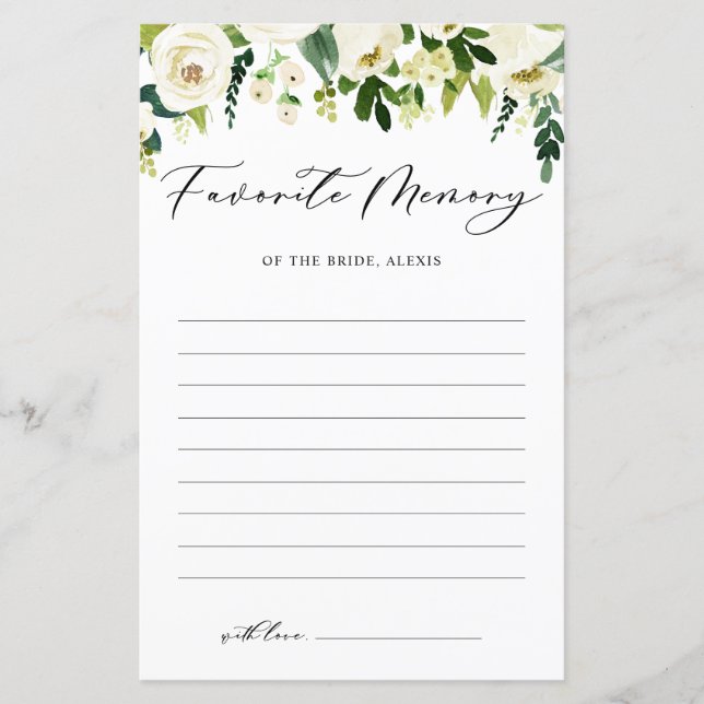 White Flowers Favorite Memory of the Bride Card (Front)
