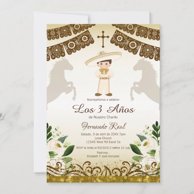 White Flowers Fiesta Invitaciones Tres Anos Invitation (Front)