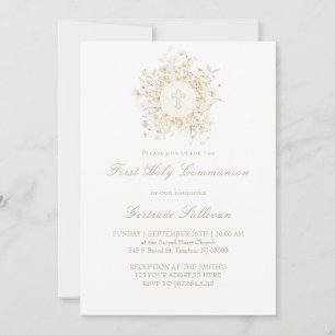 white flowers frame First Holy Communion Invitation