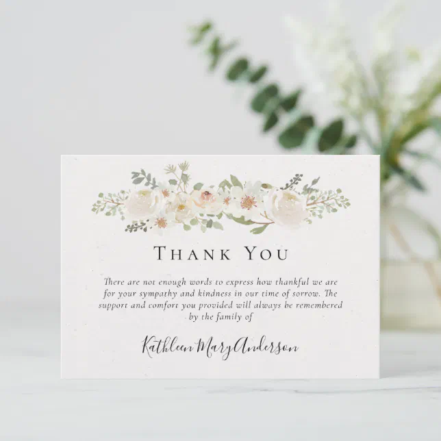 White Flowers Funeral Sympathy Floral Thank You Card | Zazzle
