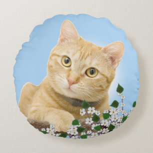 White Flowers & Ginger Tabby Cat on Light Blue Round Pillow
