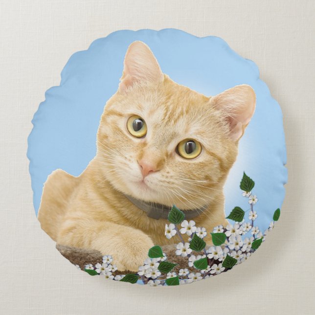 White Flowers & Ginger Tabby Cat on Light Blue Round Pillow (Front)