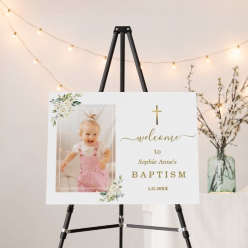 White Flowers Girl Photo Baptism Welcome Sign