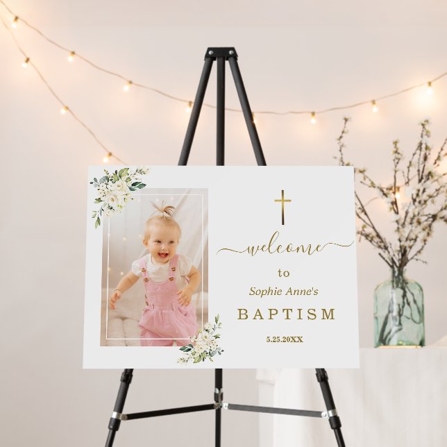 White Flowers Girl Photo Baptism Welcome Sign (In Situ (Stand))