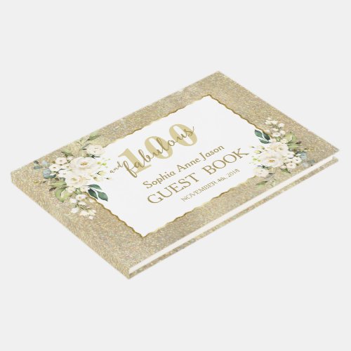 White Flowers Gold 100 and Fabulous Birthday Party Guest Book