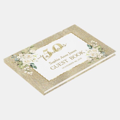 White Flowers Gold 50 and Fabulous Birthday Party Guest Book