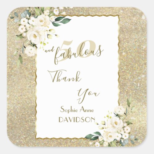 White Flowers Gold 50 and Fabulous Birthday Party  Square Sticker