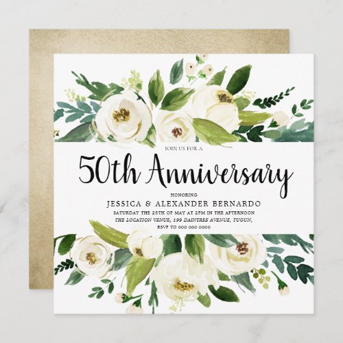 White Flowers Gold 50th Wedding Anniversary Invitation