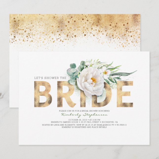 White Flowers Gold and Greenery Chic Bridal Shower Invitation (Front/Back)