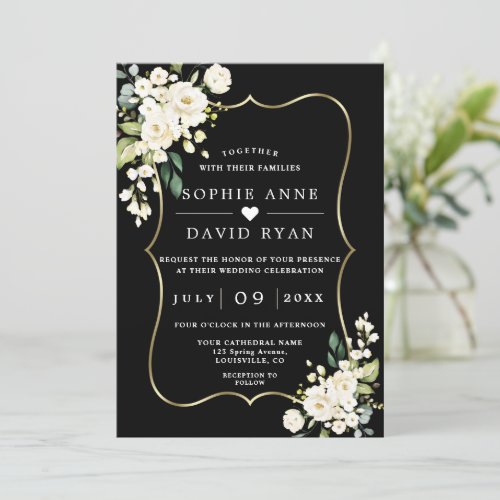 White Flowers Gold Black All In One Wedding  Invitation