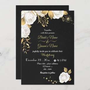 white flowers gold black wedding invitation