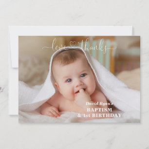 White Flowers Gold Boy Photo 1st Birthday Baptism Thank You Card
