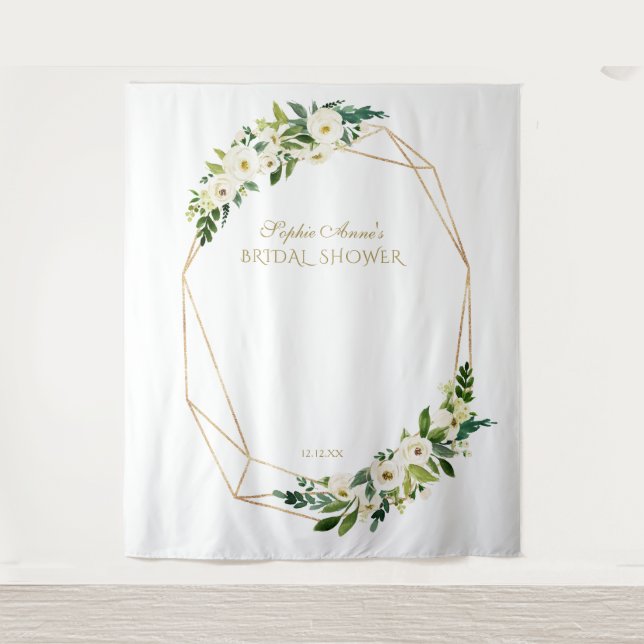 White Flowers Gold Bridal Shower Photo Booth Prop Tapestry (Front)
