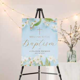 White Flowers Gold Calligraphy Cross Blue Baptism Foam Board