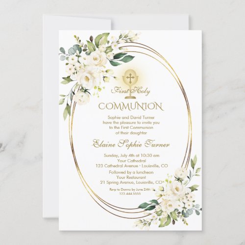 White Flowers Gold Chalice First Holy Communion Invitation