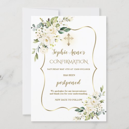 White Flowers Gold Confirmation Postponed Update Invitation