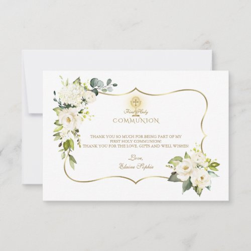 White Flowers Gold Cross Chalice Holy Communion Thank You Card