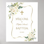 White Flowers Gold Frame Baptism Welcome Sign at Zazzle