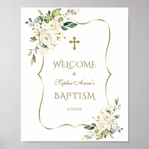 White Flowers Gold Frame Baptism Welcome Sign