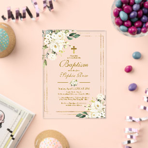 White Flowers & Gold Frame Girl Baptism Acrylic Invitations