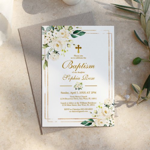 White Flowers  Gold Frame Girl Baptism Invitation