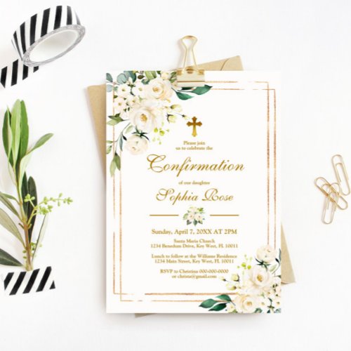 White Flowers  Gold Frame Girl Confirmation Invitation