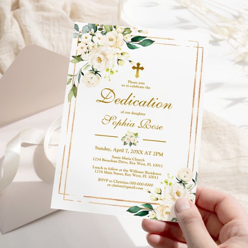 White Flowers  Gold Frame Girl Dedication Invitation