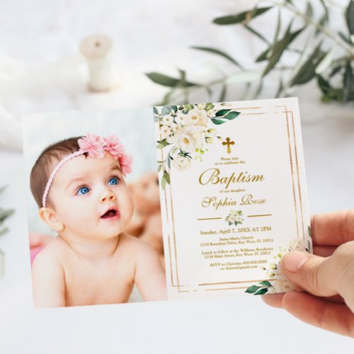 White Flowers  Gold Frame Photo Girl Baptism Invitation