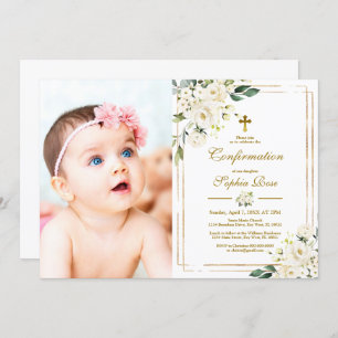 White Flowers & Gold Frame Photo Girl Confirmation Invitation