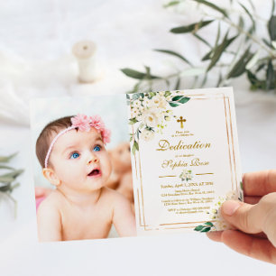White Flowers & Gold Frame Photo Girl Dedication Invitation