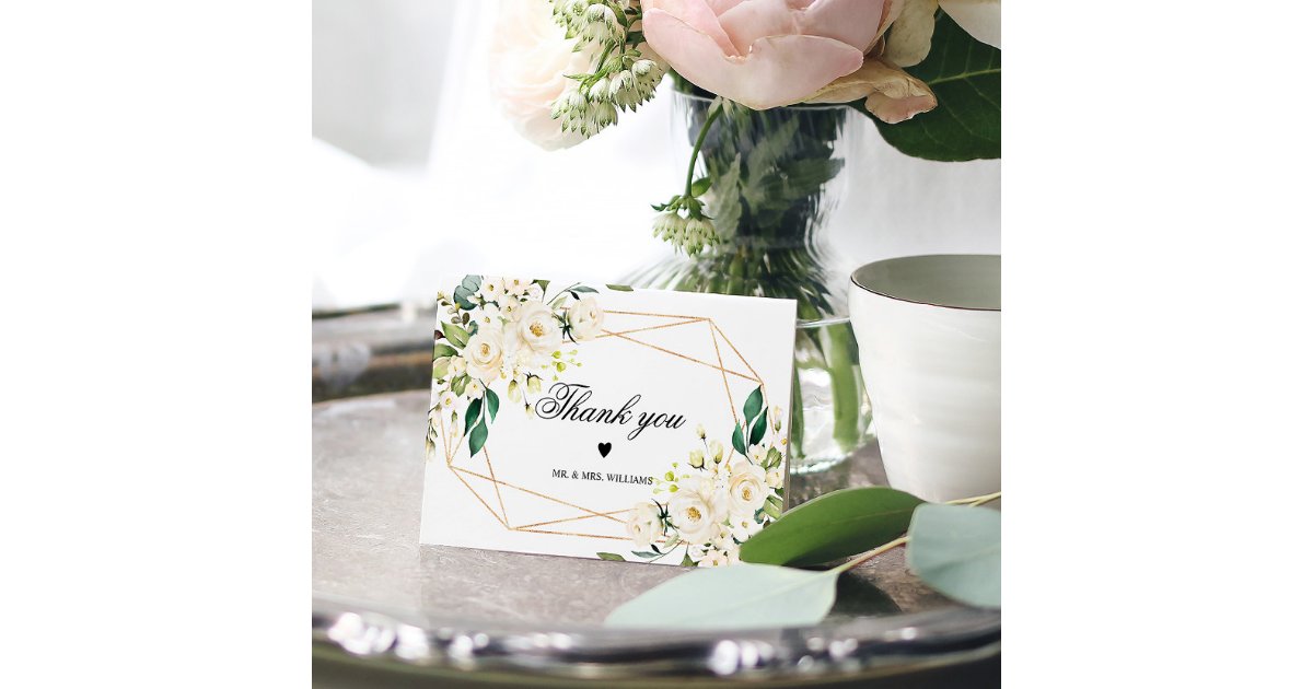 White Flowers & Gold Frame Thank You Card | Zazzle