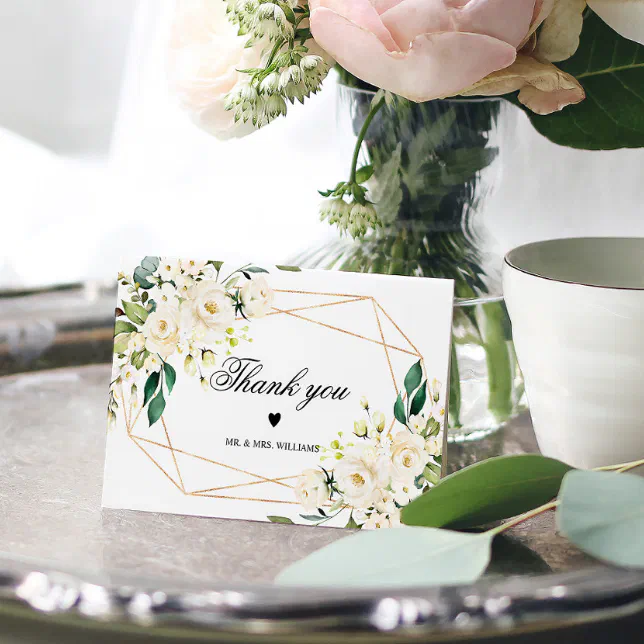 White Flowers & Gold Frame Thank You Card | Zazzle
