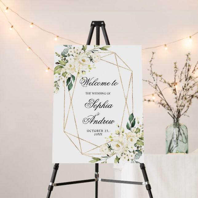 White Flowers & Gold Frame Wedding Welcome Sign (In Situ (Stand))